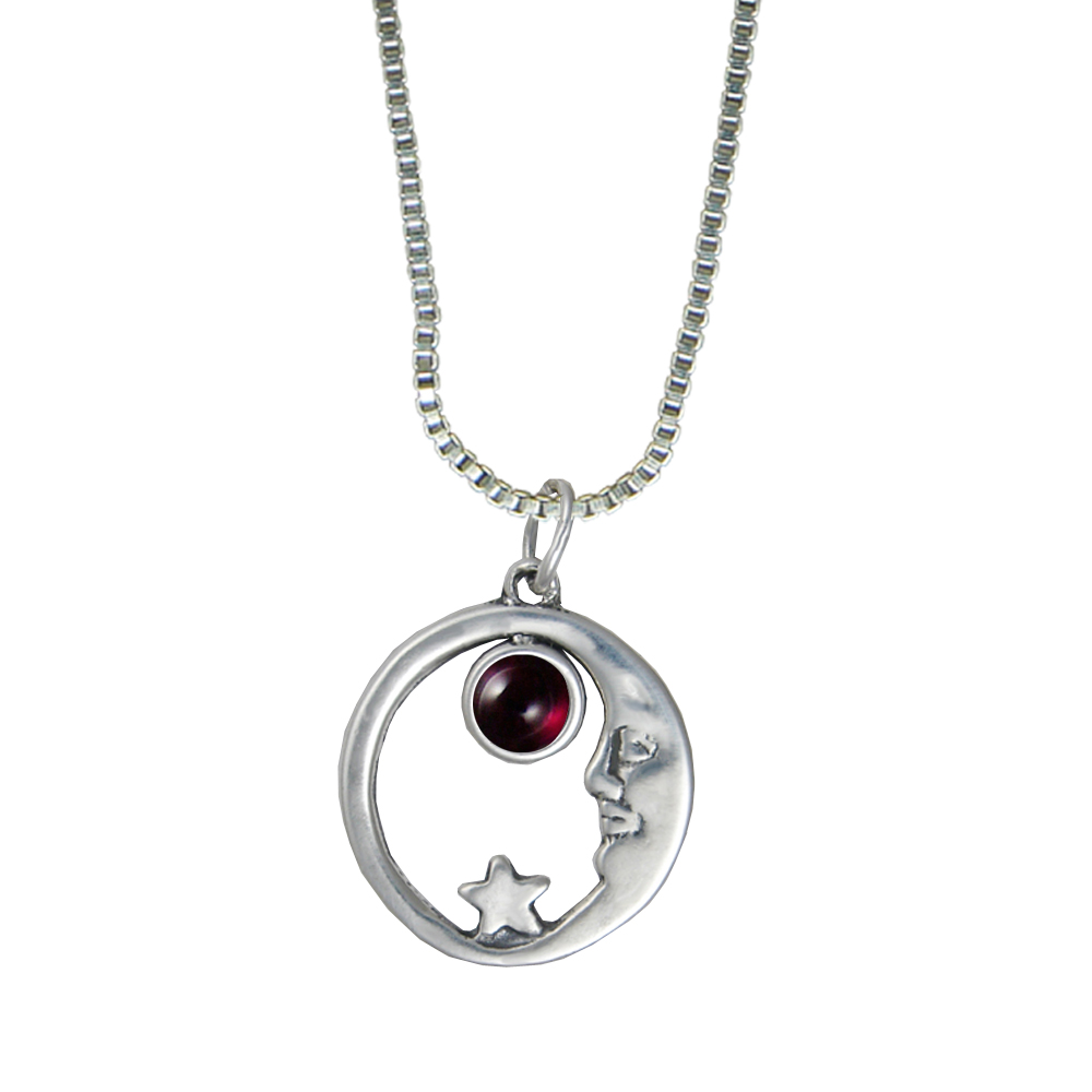 Sterling Silver Lucky Old Moon Pendant With Garnet